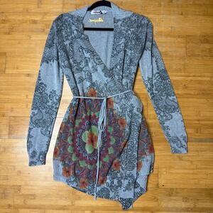 Desigual Women's Gray Knit Cardigan Wrap Tie Floral‎ Medallion Boho Chic Size S